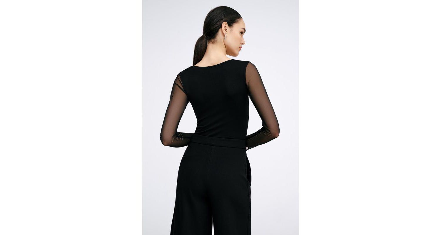 Women's Parisa Jersey-Bodice Long Mesh-Sleeve Fitted Top