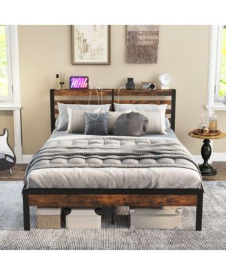 Twin Size Bed Frame with Charging Station and Storage Headboard
