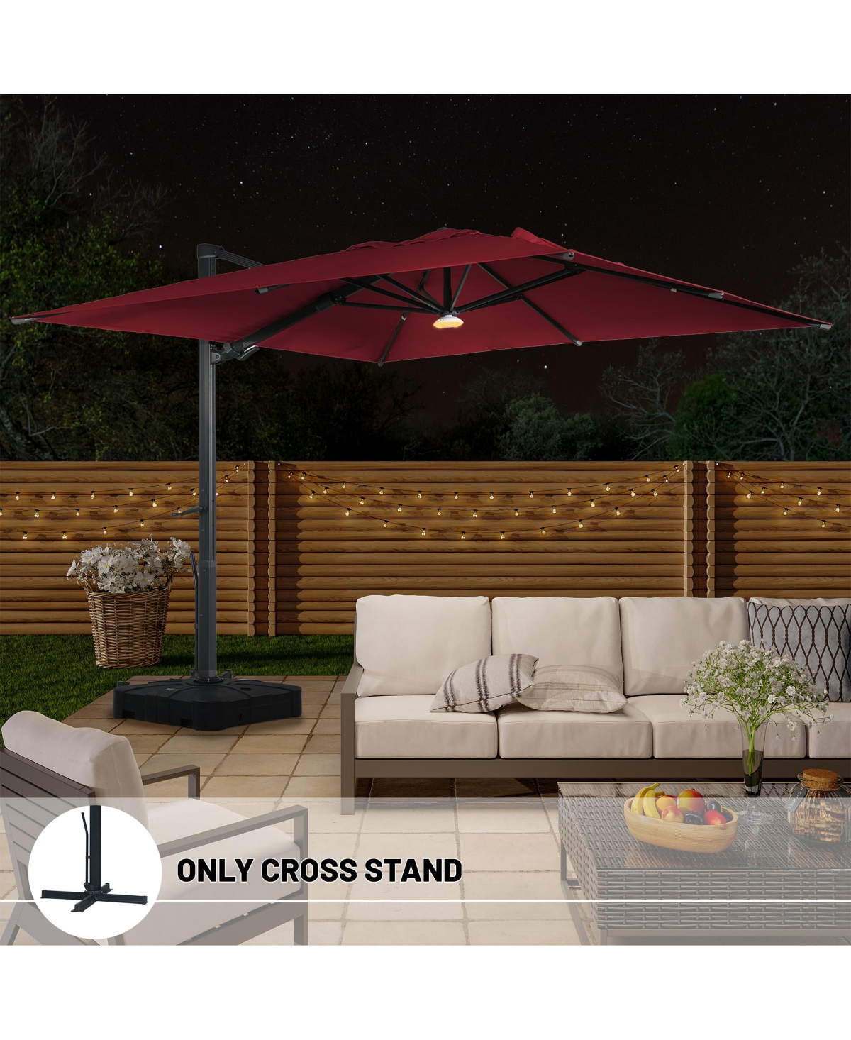 Boyel Living ft. 360°Rotation Square Cantilever Patio Umbrella with Bluetooth Speaker and Led Light