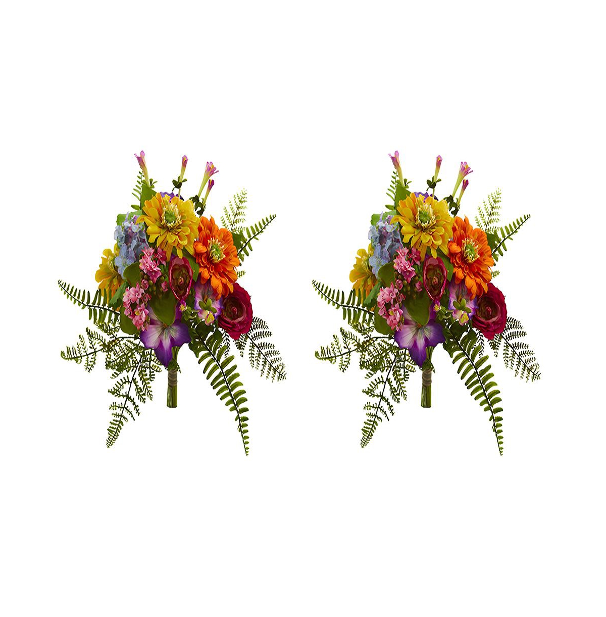 Vibrant Mixed Artificial Flower Bush Lifelike Floral Decor for Home and Garden (Set of 2) - Green, Orange, Yellow