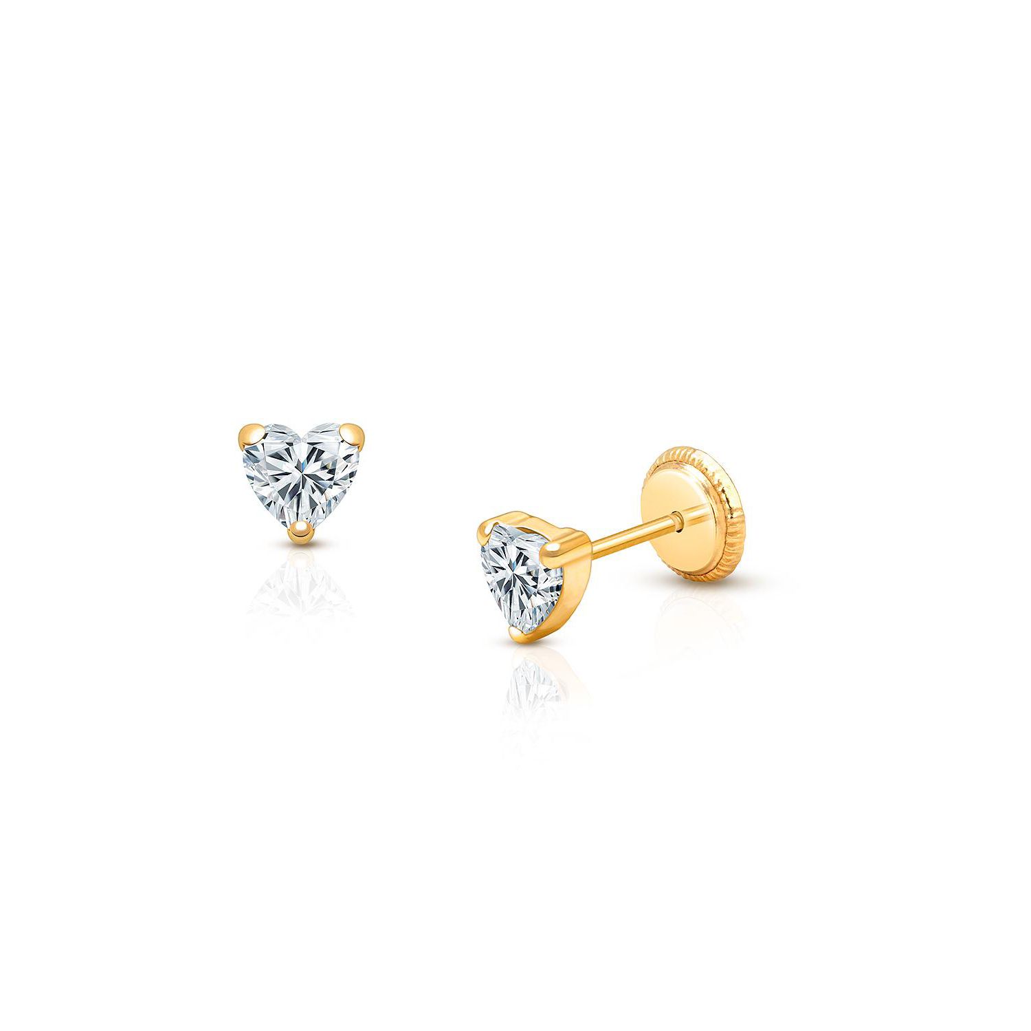 14K Gold Clear Heart Stud Screw Back Earrings