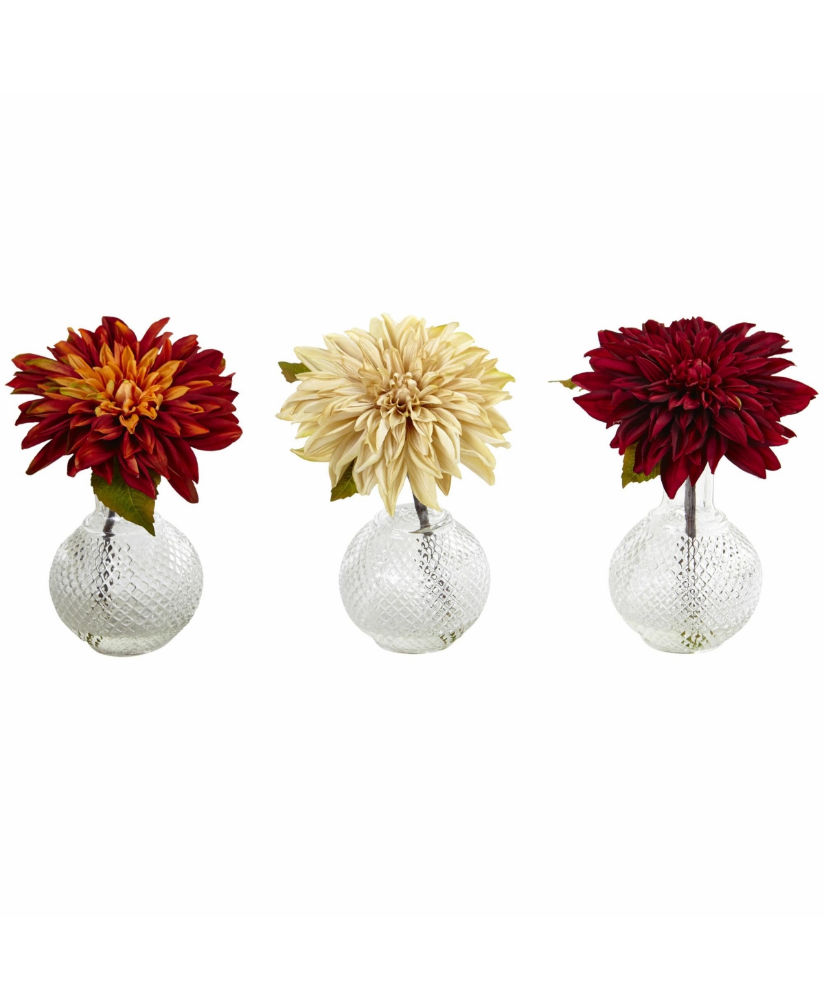 Set of 3 Dahlias with Vase - Elegant Artificial Flowers for Home Decor - Burgundy, Cream, Orange and Red