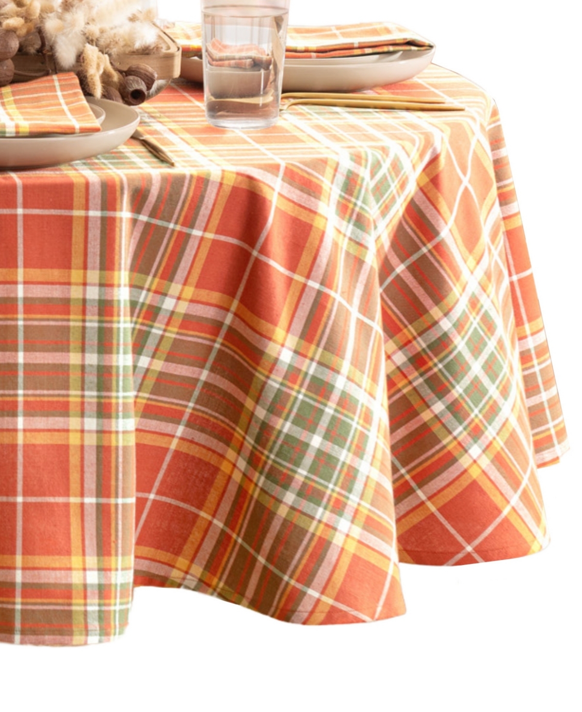 Elrene Hawley Plaid Harvest Cotton Round Tablecloth, 70" In Multi