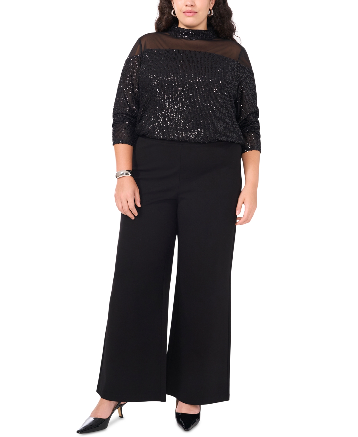 Vince Camuto Plus Size Illusion-Trim Sequined Top