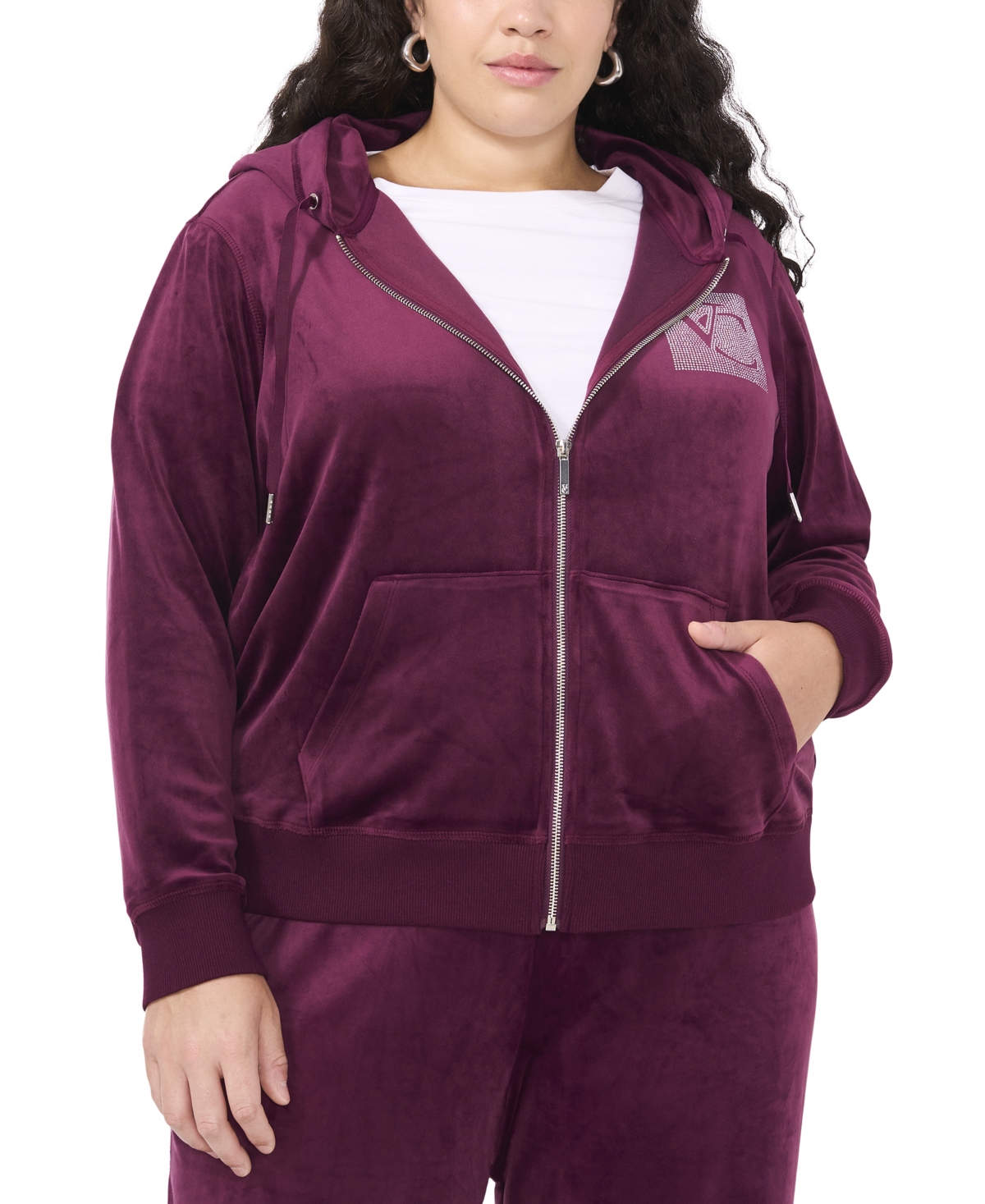VINCE CAMUTO PLUS SIZE VELOUR RHINESTONE-LOGO HOODIE, CREATED FOR MACY'S 