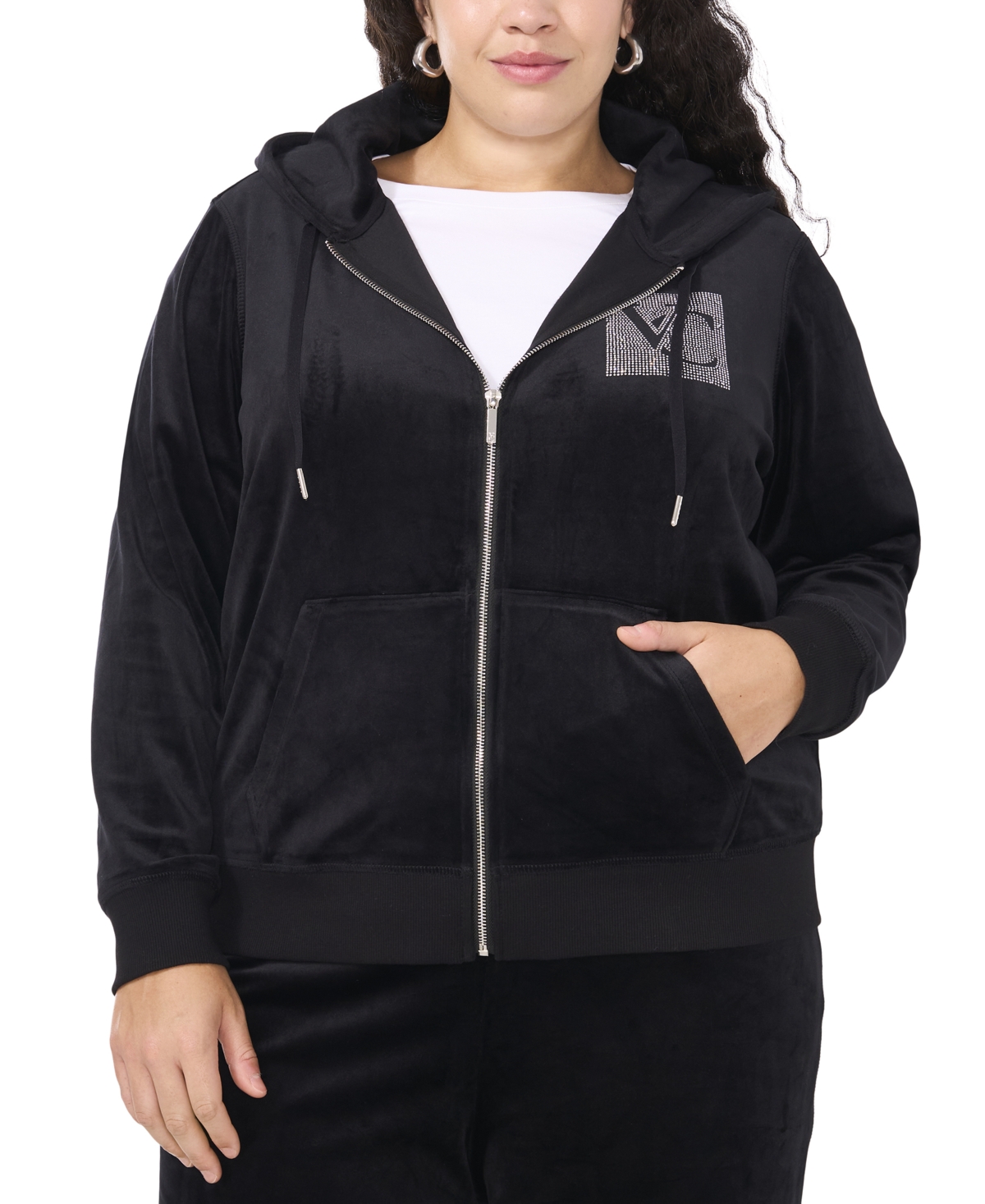 VINCE CAMUTO PLUS SIZE VELOUR RHINESTONE-LOGO HOODIE, CREATED FOR MACY'S 