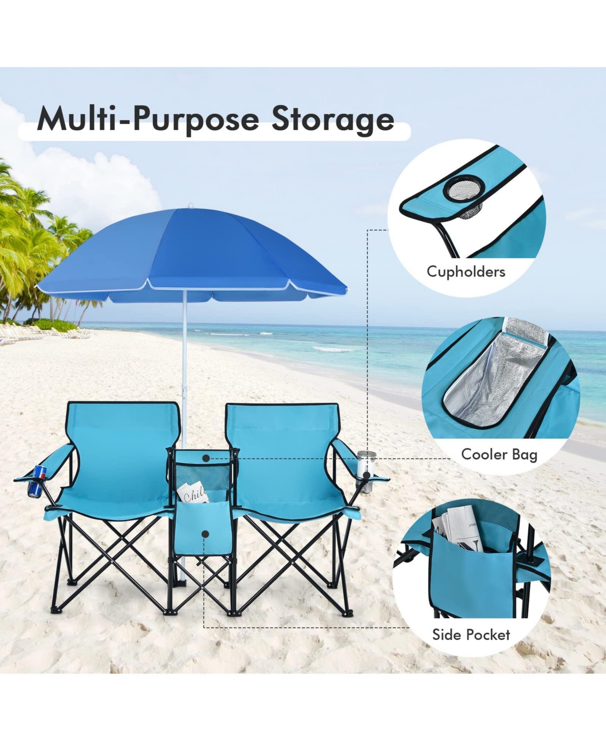 Vebreda Portable Folding Picnic Double Chair With Umbrella