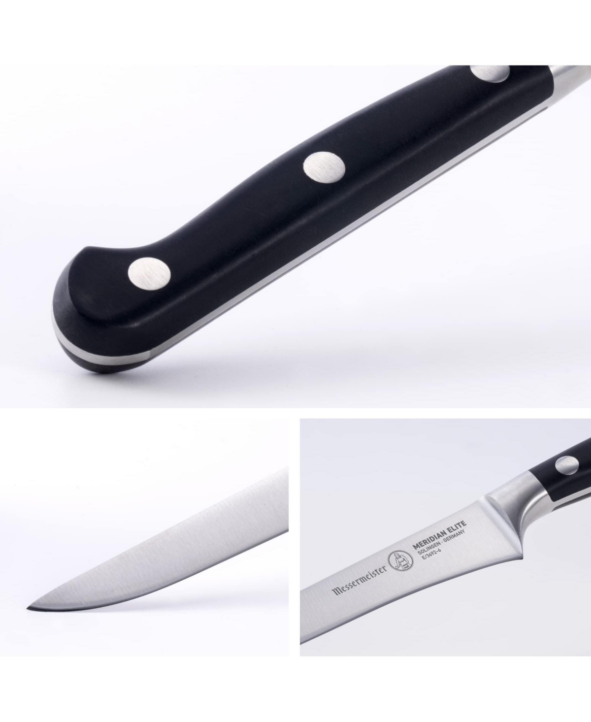 Messermeister Meridian Elite Boning Knife, Stiff, 6” - Silver with black handle
