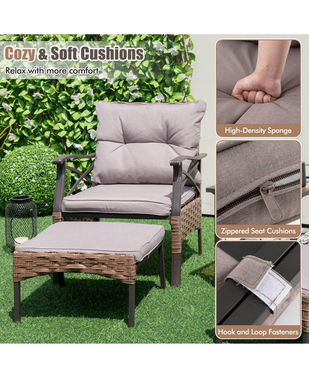 5 Pcs Patio Furniture Set with 2-Tier Coffee Table & 2 Ottomans Cushions Included