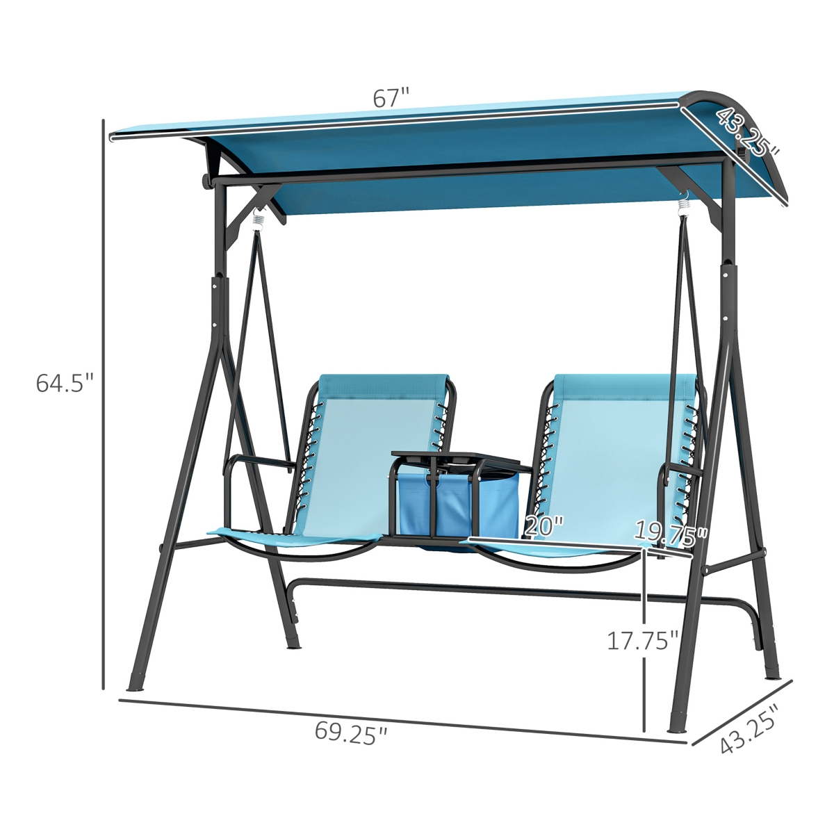 Outsunny 2 Person Porch Swing with Canopy, Storage Table, Cup Holder, Blue