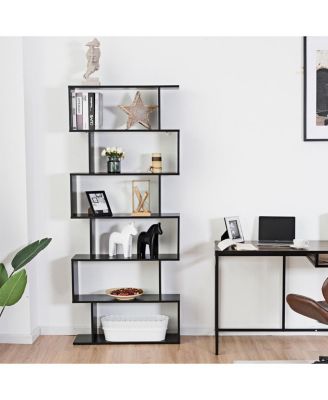6 Tier S-Shaped Bookcase Z-Shelf Style Storage Display Modern Bookshelf Black