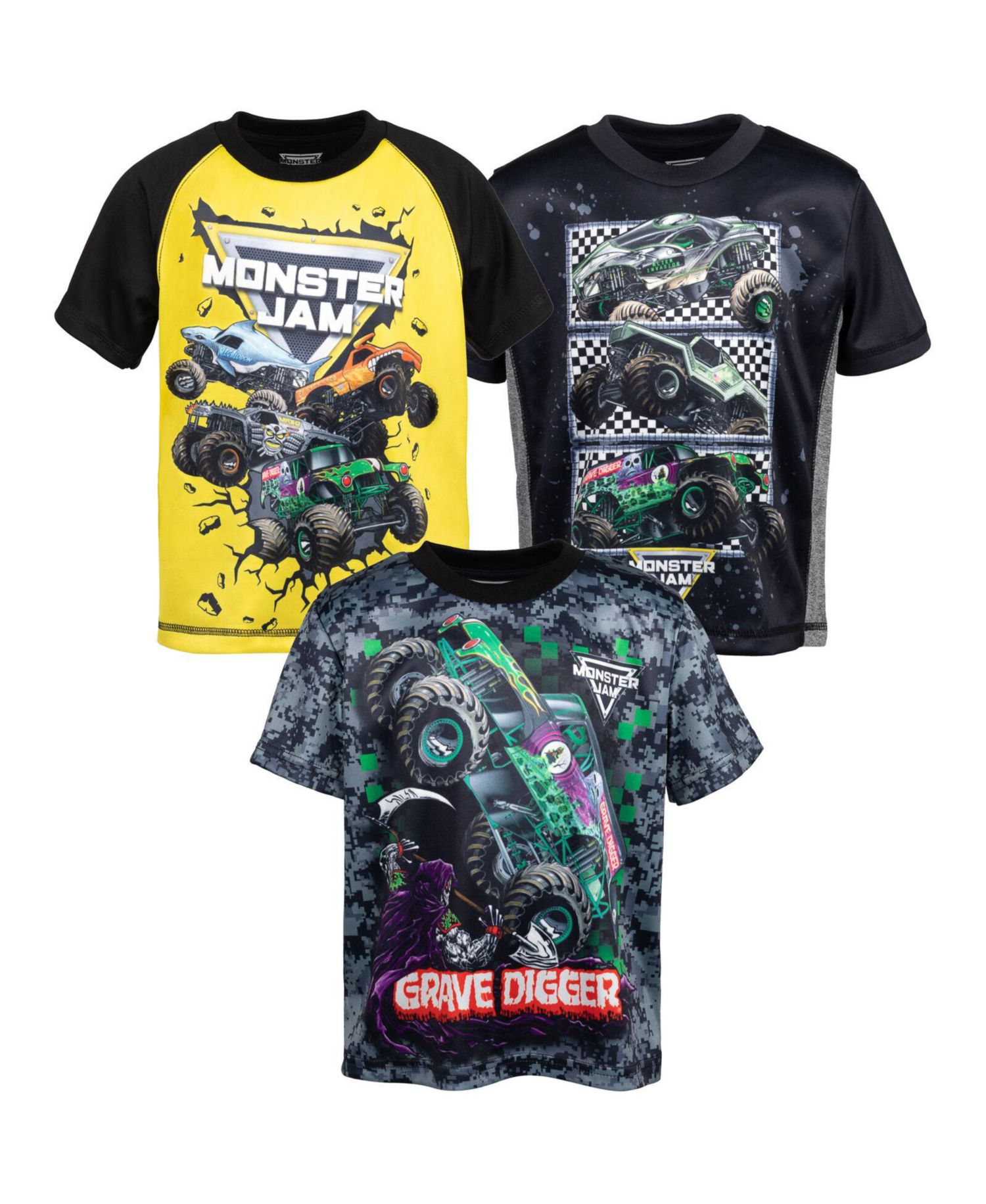 Boys 3 Pack T-Shirts to Grave Digger El Toro Loco Megalodon