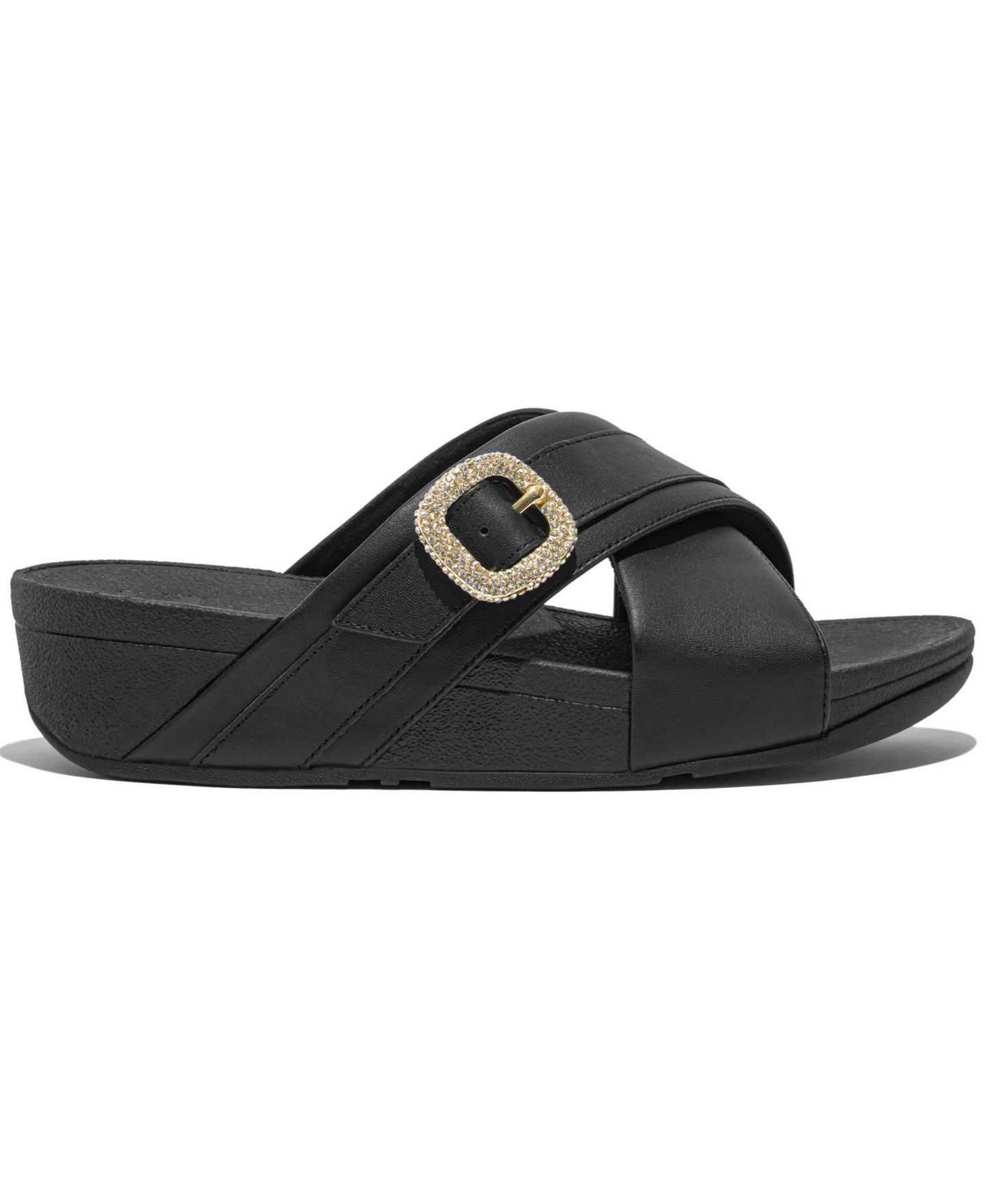 Женские сандалии FitFlop Lulu Crystal Buckle Leather Cross Slides Flats, цвет: Чёрный — фото 2