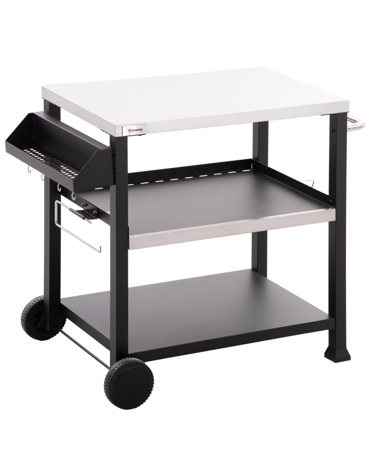 Movable Stainless Steel 3-Shelf Outdoor Grill Cart w/ Side Handle - Black