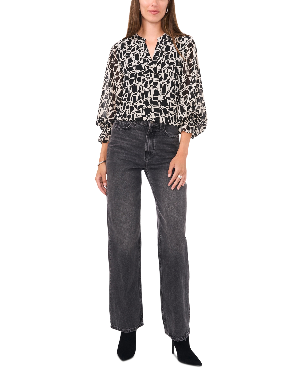 Vince Camuto Women's Geo-Print Split-Neck Smocked-Cuff Top