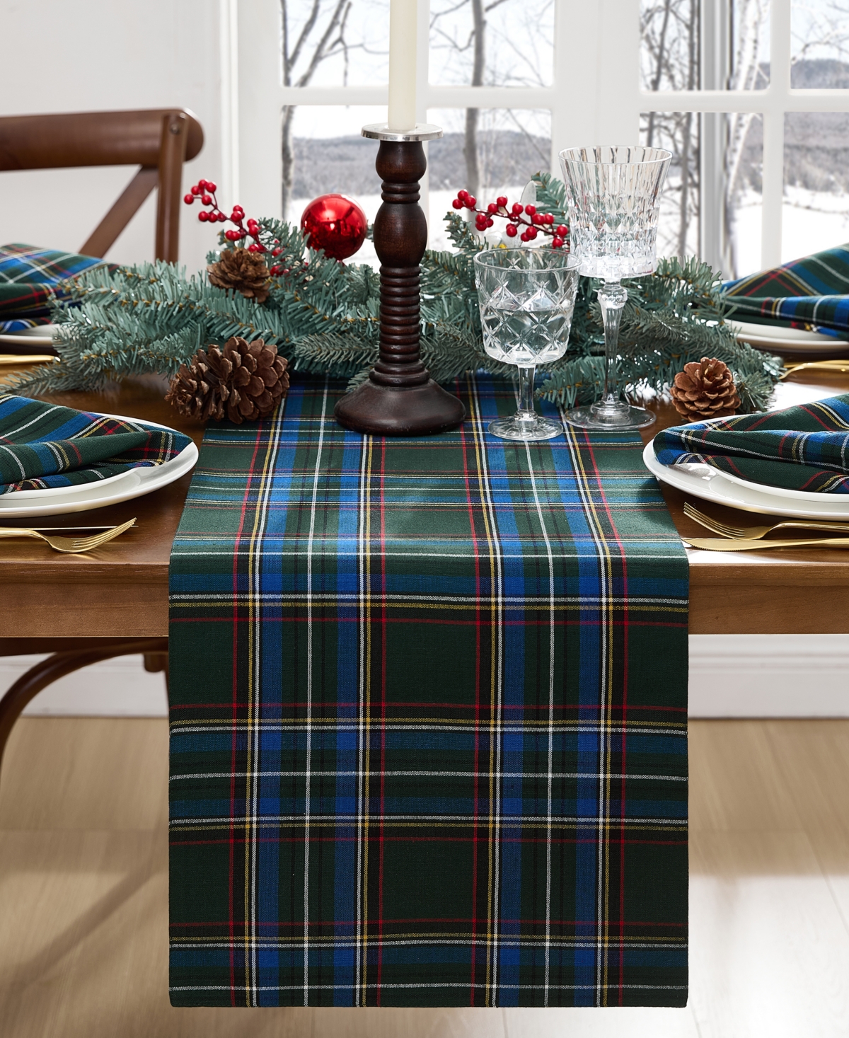 Elrene Stowe Tartan Holiday Plaid Table Runner, 90"x 13" In Green