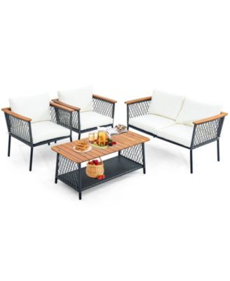 4 Piece Patio Rattan Furniture Set with 2-Tier Coffee Table