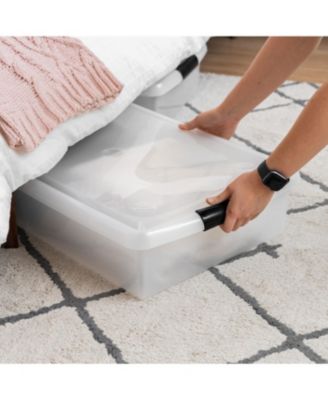 USA 40 Qt Plastic Under Bed Storage Stackable Nestable Organizer Bin Container with Secure Lids and Durable Black Buckles, Multi-Purpose for Clothes, Shoes, and Bedding, Pearl, 4 Pack