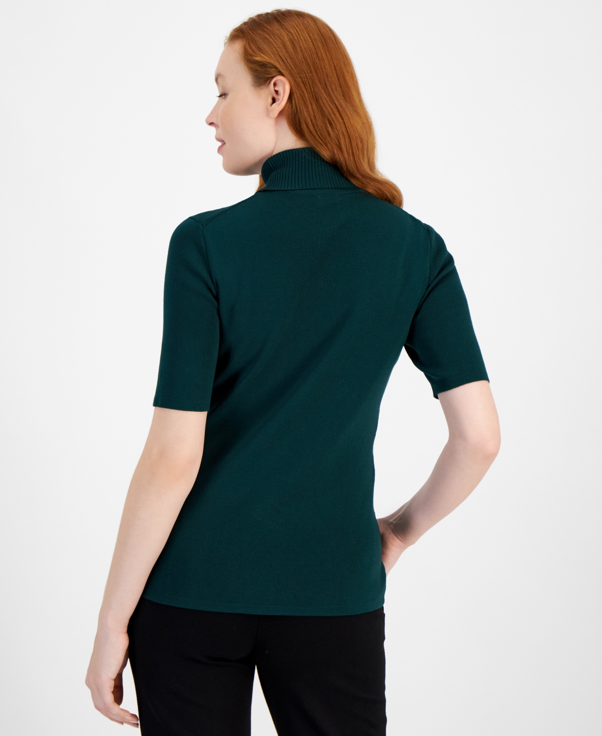 Anne Klein Turtleneck Short Sleeve Rib Sweater In Pine Forest
