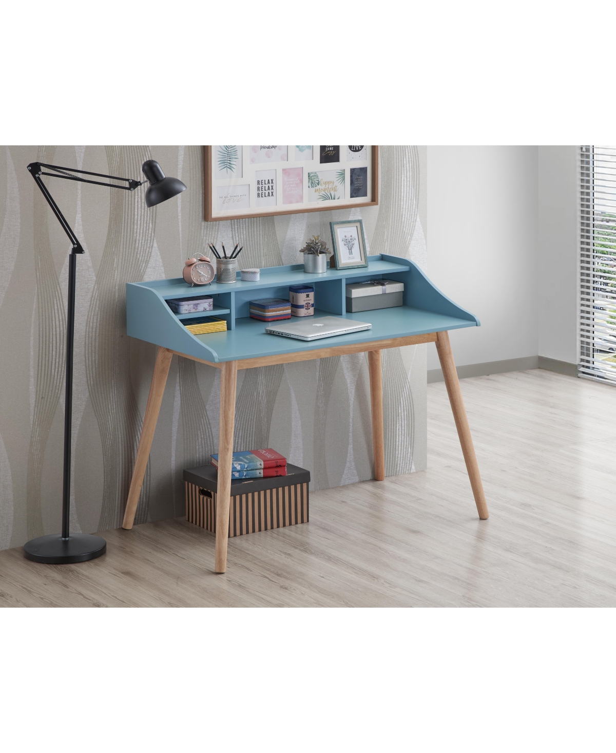 Simplie Fun Mid-Century Modern Wood Writing Desk with Hutch, Blue