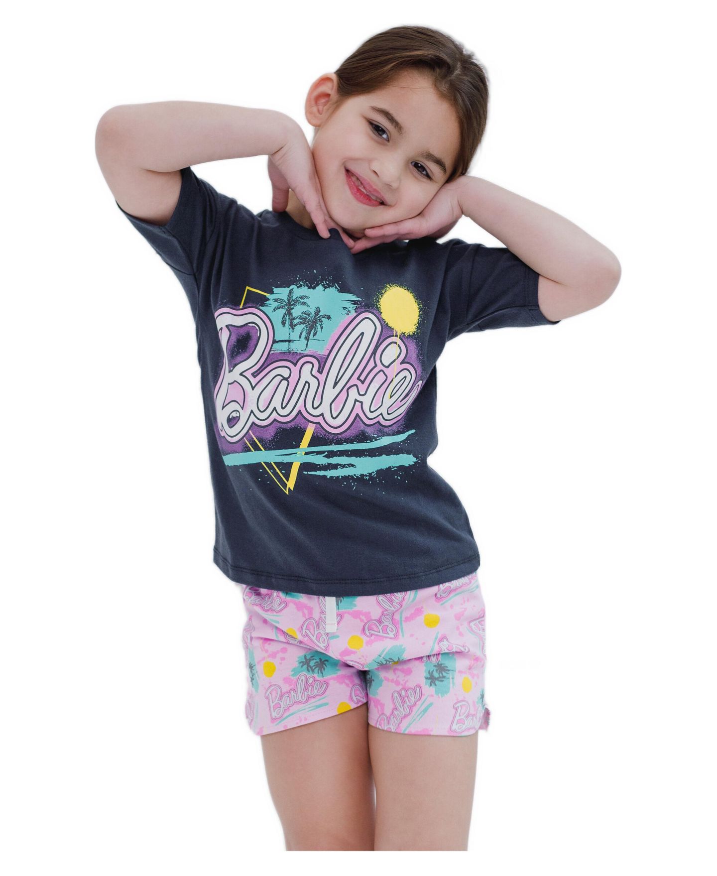 Детский комплект Barbie Toddler Girls 2-Piece T-Shirt and French Terry Shorts Set, цвет: Серый яркий розовый — фото 7
