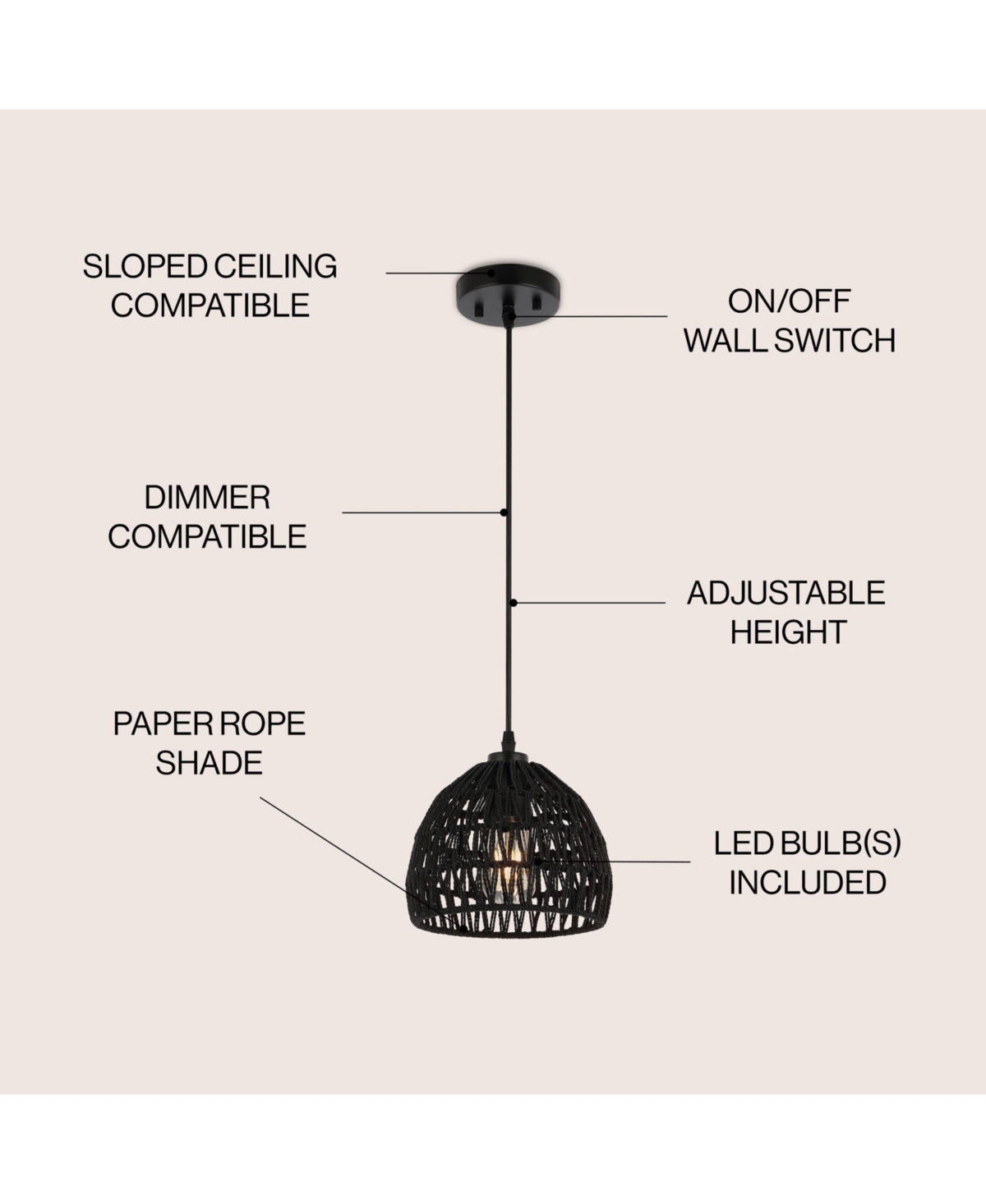 Jonathan Y Campana 8.25" 1-Light Bohemian Modern Woven Rope/Iron Led Pendant, White