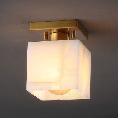 Alessia 5" 1-Light Modern Contemporary Alabaster/Iron Cube LED Semi Flush Mount, White Marbling/Brass Gold