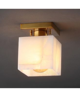 Alessia 5" 1-Light Modern Contemporary Alabaster/Iron Cube LED Semi Flush Mount, White Marbling/Brass Gold