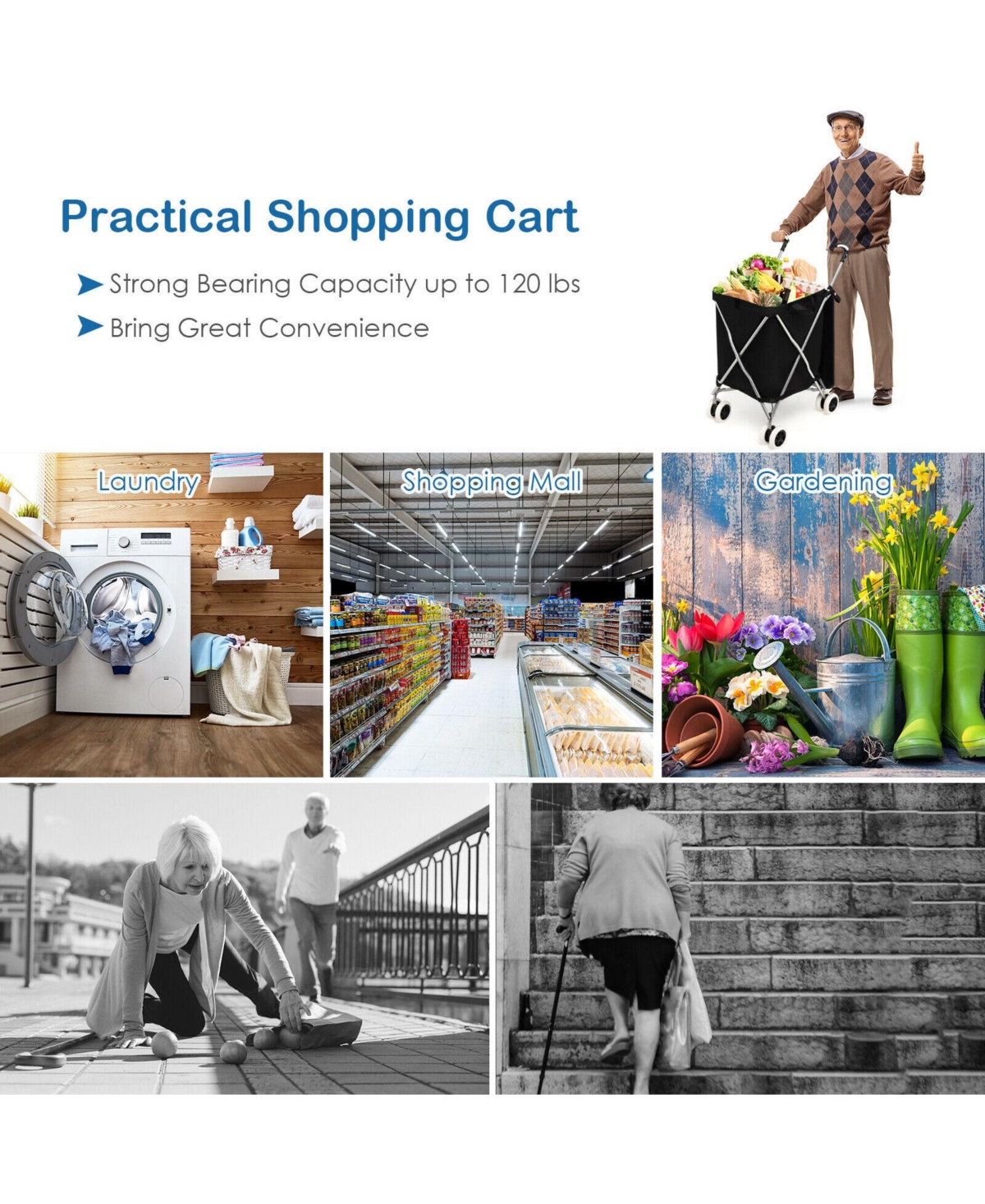 Skonyon Folding Shopping Utility Cart with Water-Resistant Removable Canvas Bag