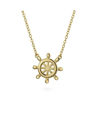 Set Of 2 Nautical Ship Wheel Layering Boat Anchor Pendant Necklace Gold Plated Sterling Silver Jewelry Set
