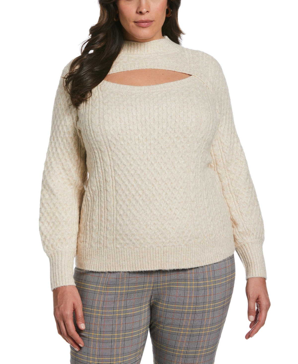 Plus Size Cut-Out Cable Knit Long Sleeve Sweater - Wheat Heather