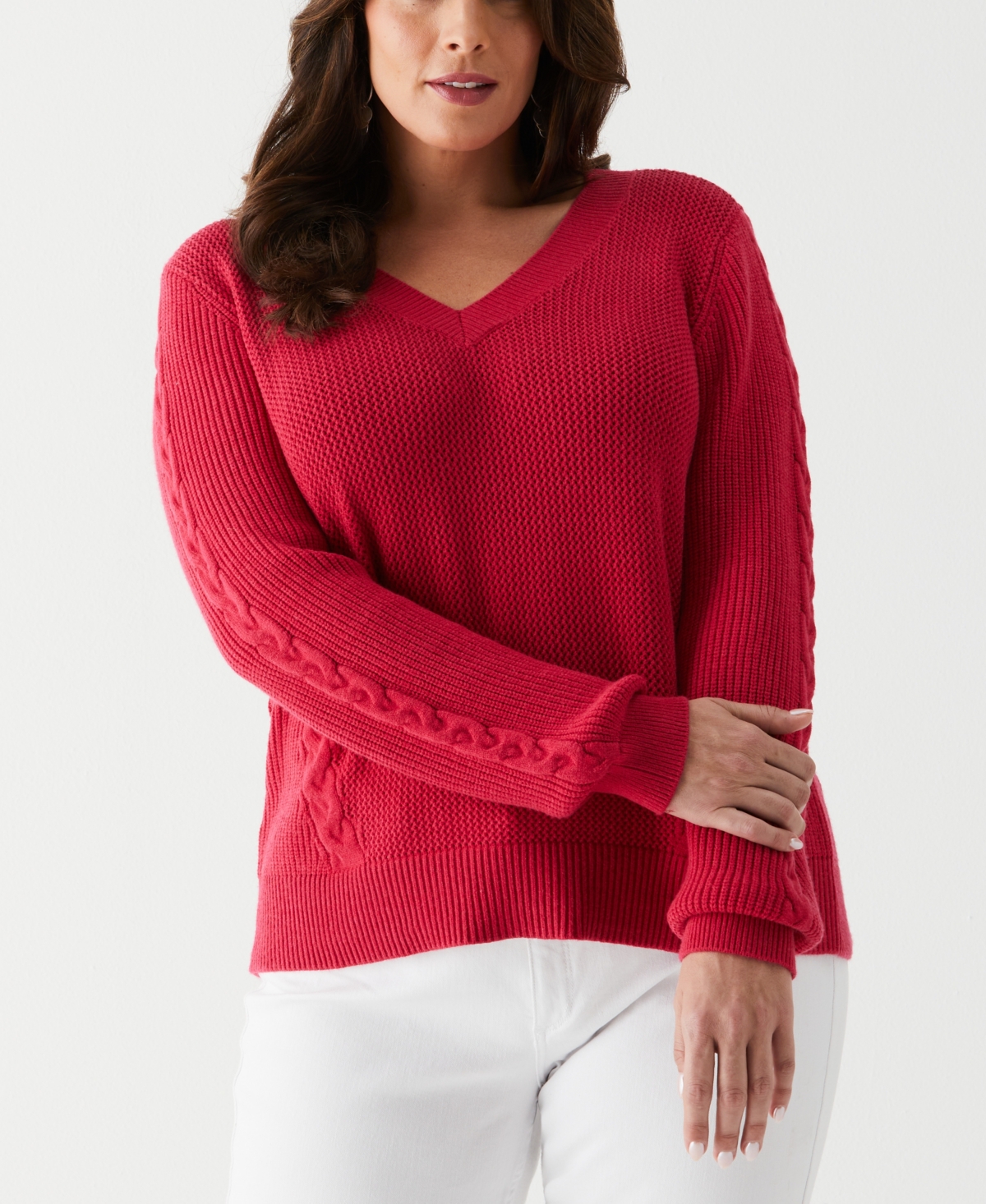 Ella Rafaella Plus Size Cable Knit V-Neck Long Sleeve Sweater
