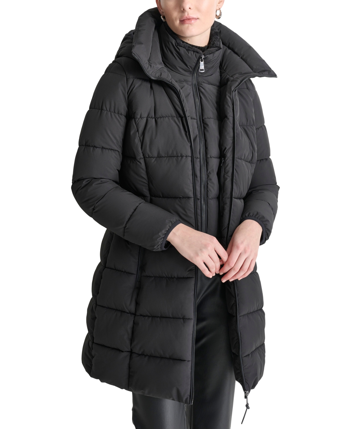Dkny Bibbed Hooded Zip-front Puffer Coat In Black In Black