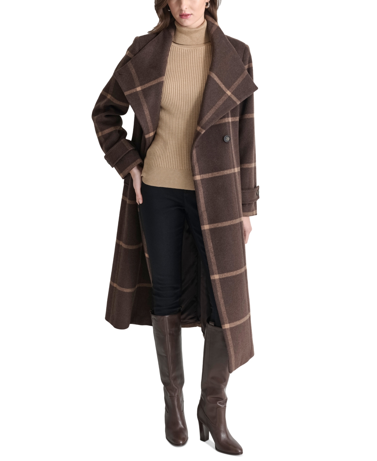 Shop Dkny Women's Belted Wing-collar Maxi Coat In Bitter,camel