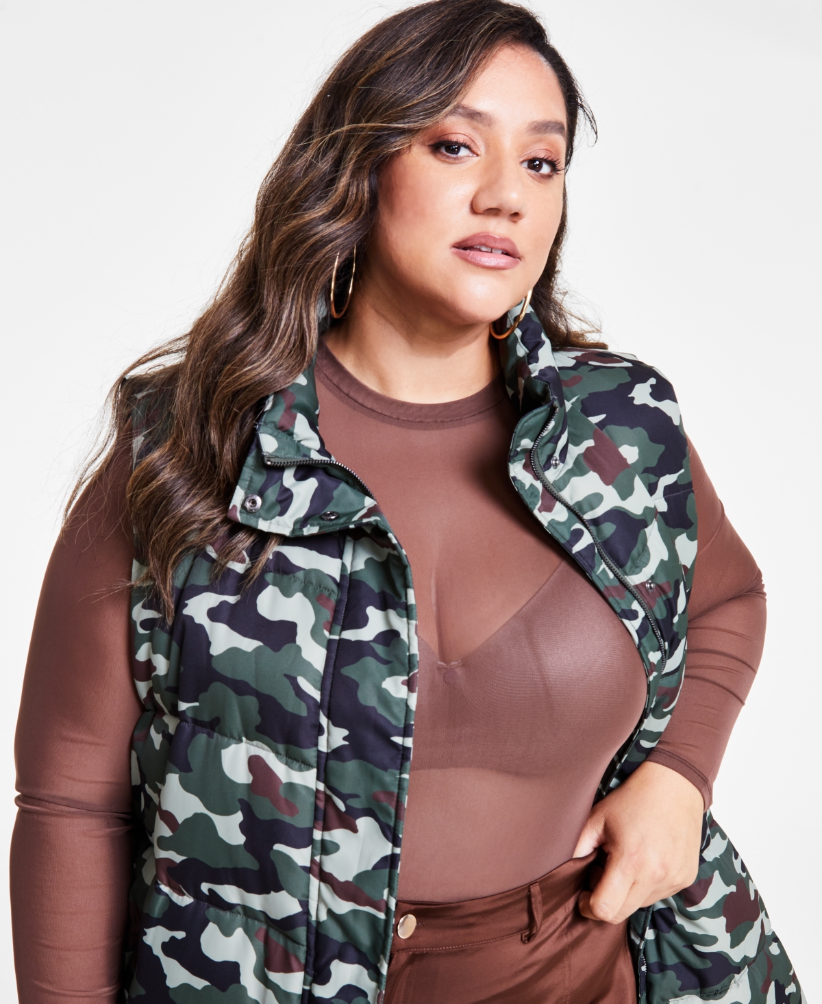 Nina Parker Trendy Plus Size Plus SizeMaxi Puffer Vest - Camo