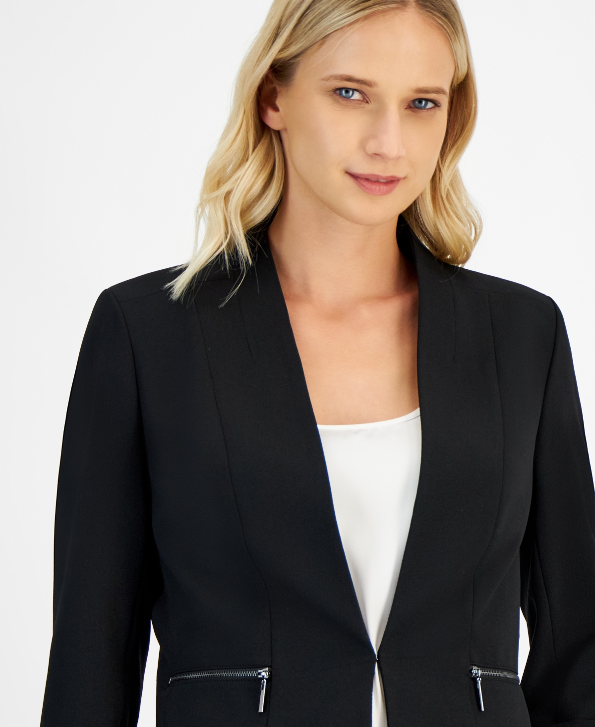 Kasper Petite Stretch-crepe Zipper-pocket Open-front Cuffed Blazer In Black