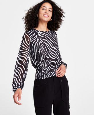 Bar III Women's Printed Crewneck Long-Sleeve Mesh Top
