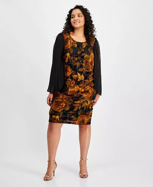 plus size sheer-sleeve printed velvet dress