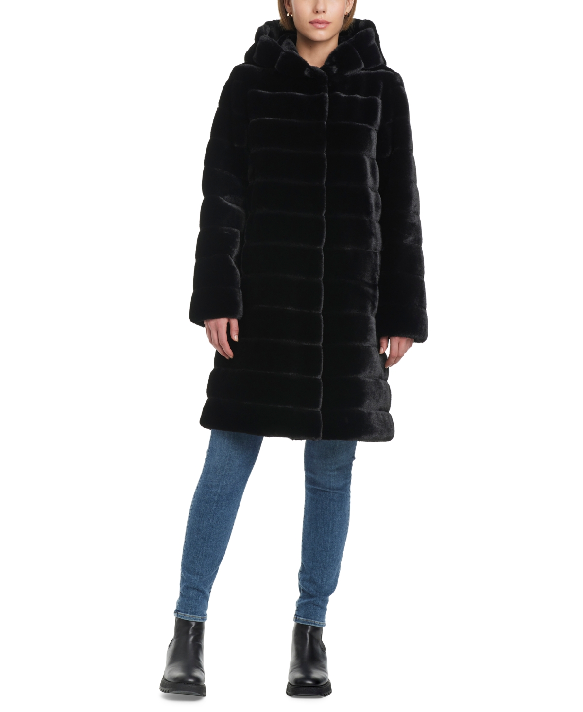 Jones New York Women's Grooved Faux-Fur Hooded Coat