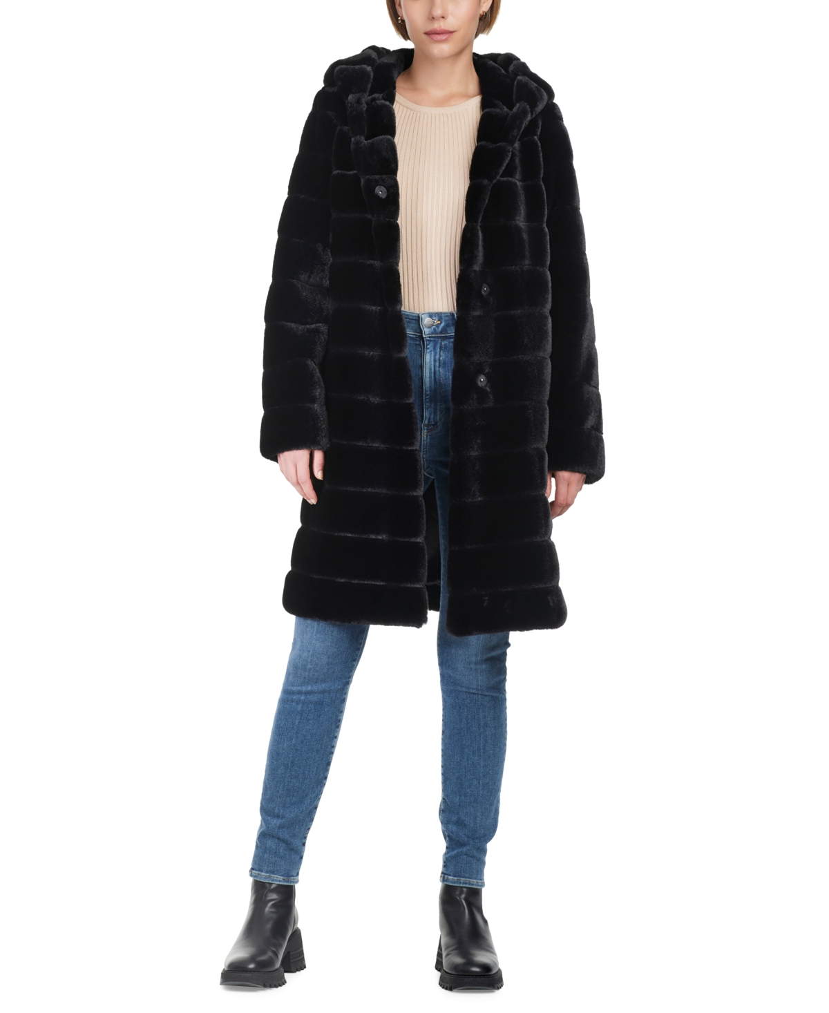 Jones New York Women's Grooved Faux-Fur Hooded Coat