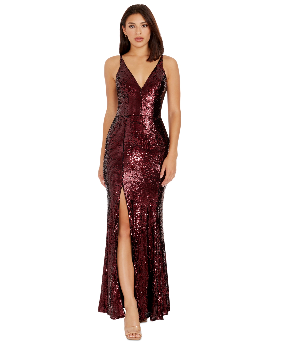 DRESS THE POPULATION WOMEN'S IRIS SEQUINED SIDE-SLIT GOWN