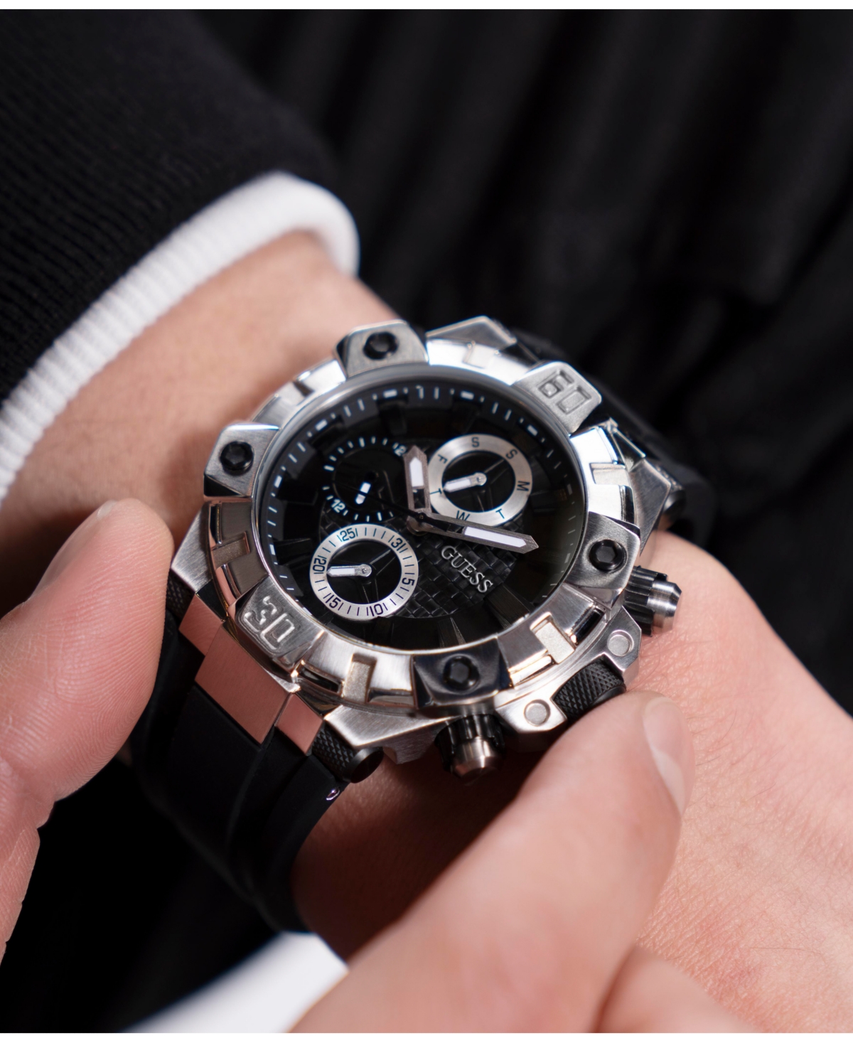 Guess Men's Multi-function Black Silicone Watch 46mm In Black