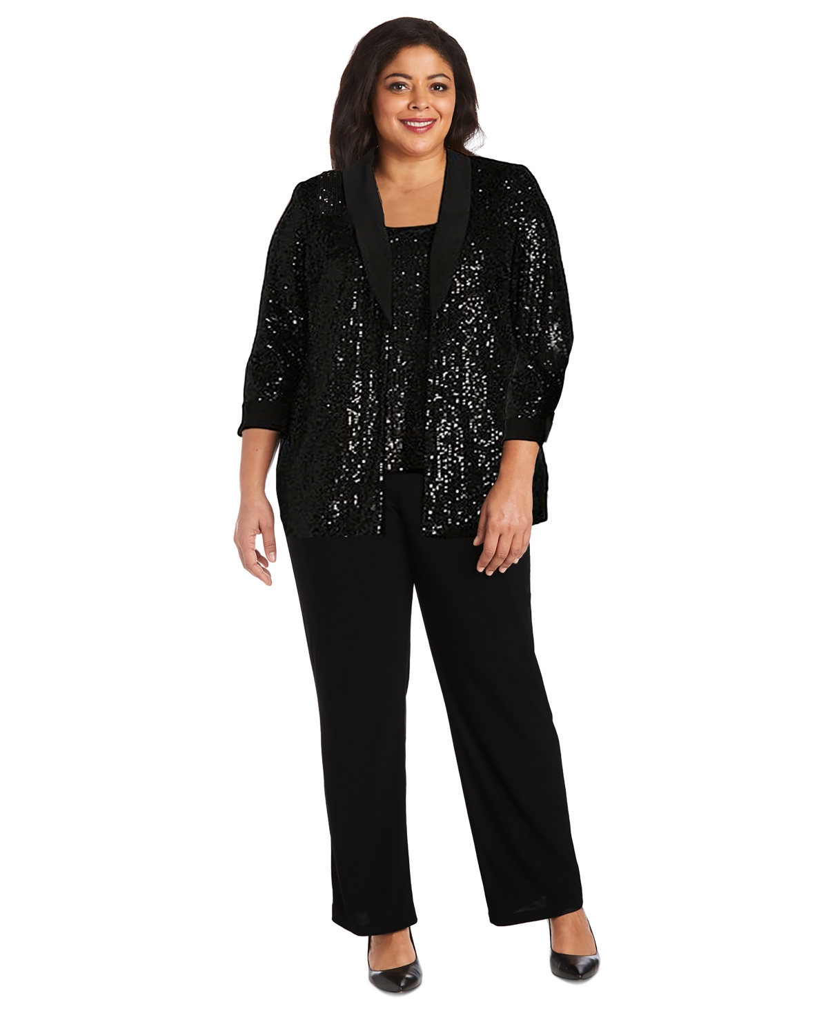 R & M Richards Plus Size Sequined Sleeveless Top, Open-front Jacket & Pants Set In Black
