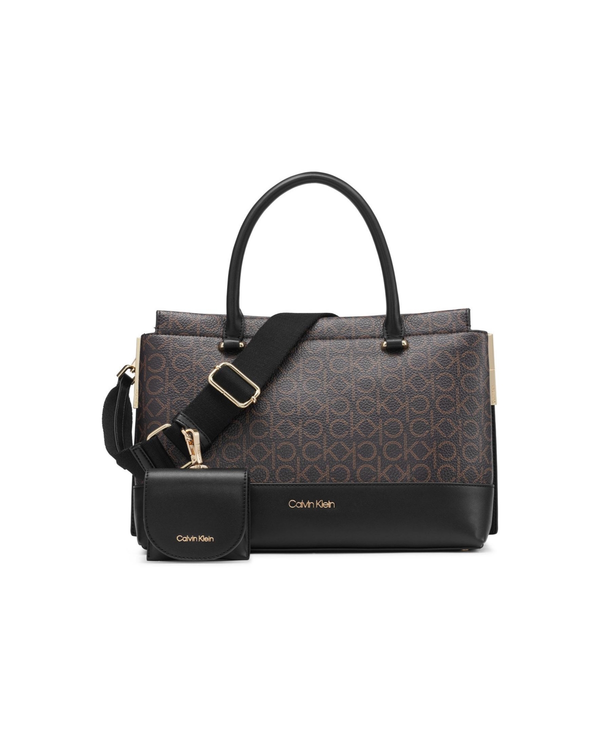 Calvin Klein Bianca Signature Triple Compartment Convertible Satchel In Brown Khaki,black