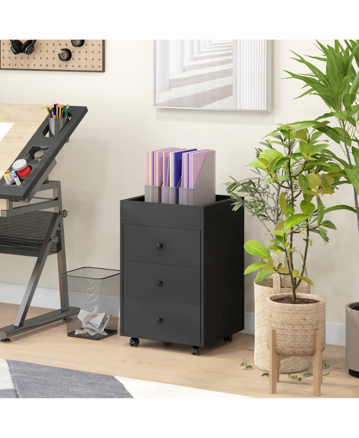 Homcom 3 Drawer Storage Cabinet with Wheels Tray for Home Office, Walnut