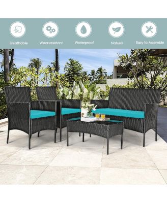 4 Pieces Patio Rattan Cushioned Sofa Set with Tempered Glass Coffee Table-Turquoise