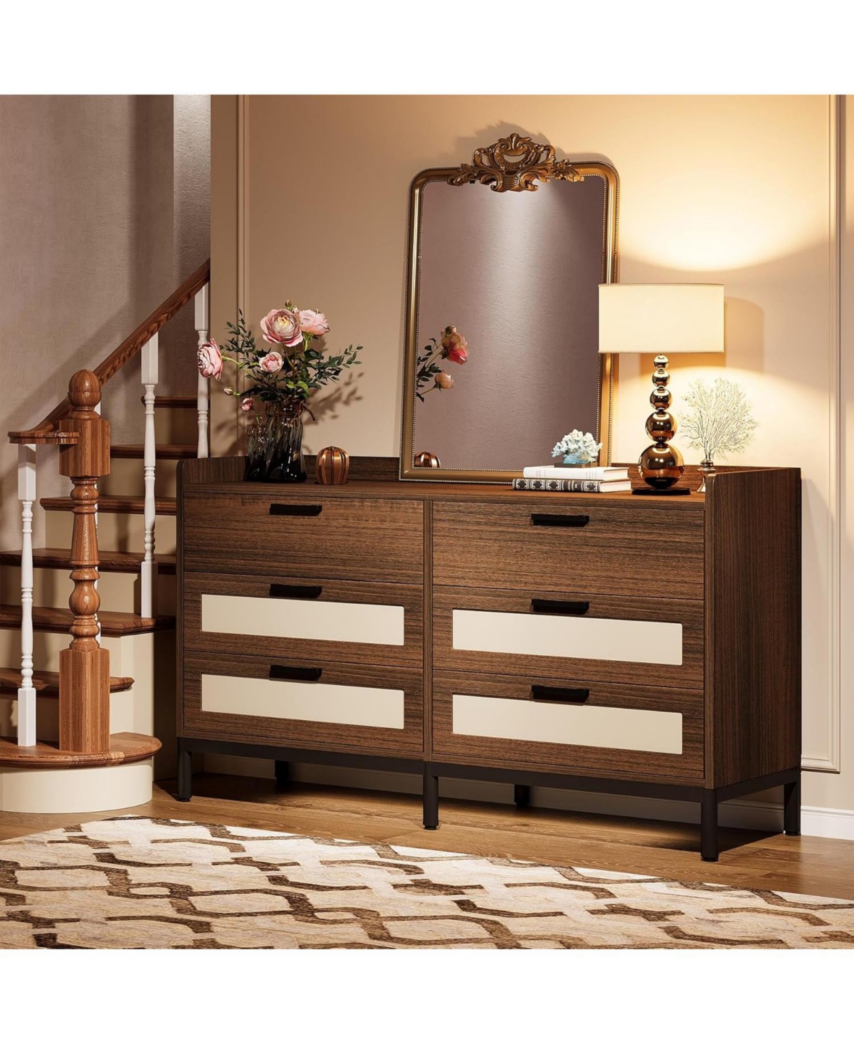 Tribesigns 6-Drawer Dresser for Bedroom, Mid-Century Rustic Chest of Drawers, Wide Wood Storage Long Double Dresser Organizer for Nursery Bedroom