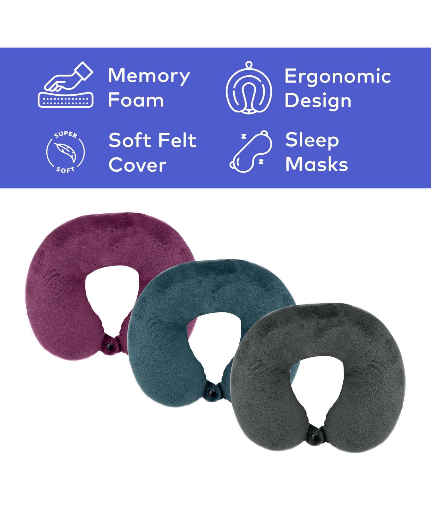 Подушки PURSONIC 3 Memory Foam Travel Pillows with Sleep Masks, цвет: Тёмный зелёный — фото 3