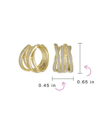 Modern Five Rows Micro Pave CZ Wide Criss Cross Huggie Hoop Earrings Formal Party Yellow Gold Plated Hinge Style 0.6 Inch Diameter