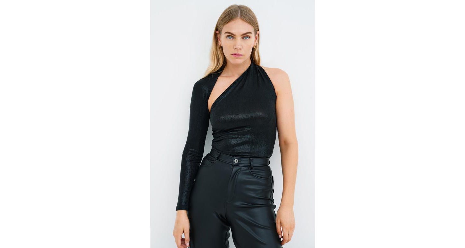 Women's Manhattan Metallic One-Shoulder Open-Back Long-Sleeve Top